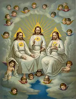Image 16Atypical depiction of the Trinity where the Son is identified by a lamb, the Father an Eye of Providence, and the Spirit a dove (from Trinity)