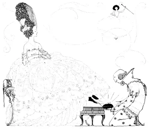 Stepsister trying the slipper, illustration in The fairy tales of Charles Perrault by Harry Clarke, 1922