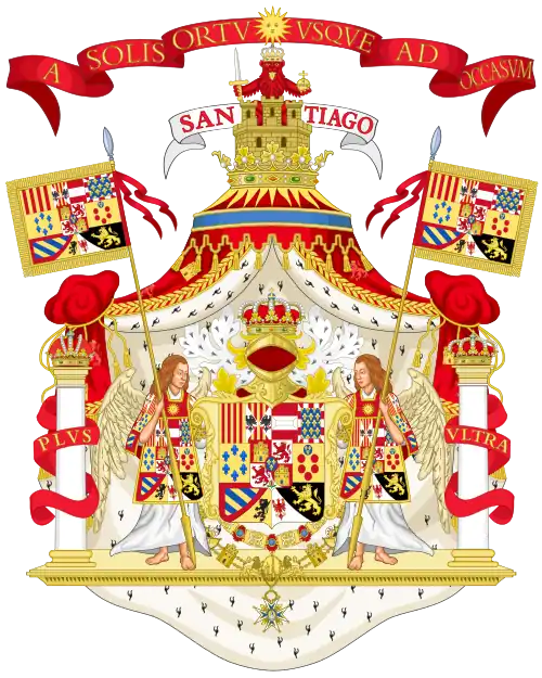 An elaborate coat of arms with bearer and a mantle. On top, a red ribbon with the text "A SOLIS ORTV VSQVE AD OCCASVM".