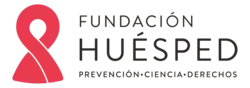 The logo of Fundación Huésped, which includes a red ribbon and the motto "prevención, ciencia, derechos"
