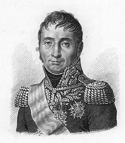 Black and white print shows a slightly-smiling man wearing a gaudy dark military uniform of the early 1800s, with epaulettes, a high collar and much embroidery.