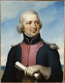Painting of a slightly pudgy man with gray hair in a blue military uniform.