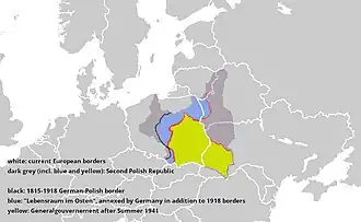 1941 Map of Generalgouvernement (yellow) in comparison to Second Polish Republic (dark grey, blue, yellow), today's borders (white), 1918 German-Polish border (black), and in blue areas annexed by Nazi Germany in addition to the Congress of Vienna borders (1815-1918)