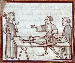 A pen and ink image of a medieval knight tied to a board being presented to a king