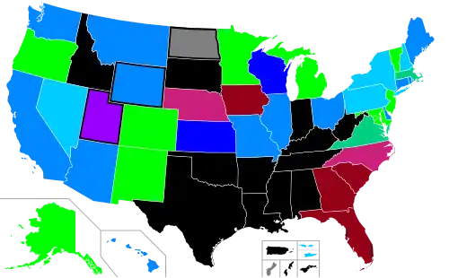 A state map of the United States color-coded for abortion access. A number of U.S. states in the center and especially south of the country have banned abortion apart from certain medical exceptions. In contrast, abortion is available on demand without a mandated time limit in Alaska, Colorado, Minnesota, New Jersey, New Mexico, Oregon, Vermont, and Washington, D. C. Because the situation is changing rapidly, please see the article text for details.