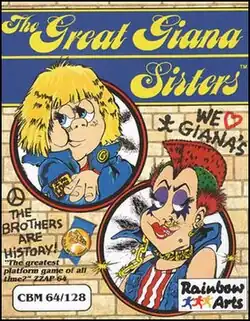"The Great Giana Sisters" box art. It depicts a Giana Sister in two panel, the first being in a jacket folding her arms with a patch on her arms saying "I Am Cool". The second features a woman with stylized make-up and a mohawk haircut. They are in front of a brick wall with graffiti that reads "We [heart] Giana's" and "The Brothers are History". On the box art is the title of the game, a quote from ZZap64 magazine quoting "The greatest platform game of all time", and technical details: "CBM 64/128" and "Rainbow Arts".