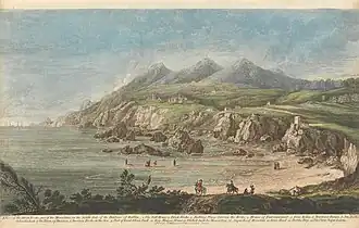 The Great Sugar Loaf as depicted (with other mountains) in an early 18th century engraving by Giles King