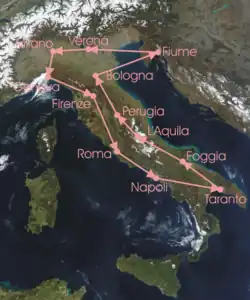 Route of the 12th Giro d'Italia, run anti-clockwise from Milan to Milan, and entering Fiume in the Free State of Fiume (now Croatia).