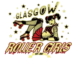 Logo is red, white and cream of a woman with black hair in high pigtails, wearing fishnets and reclining in front of the 'Glasgow Roller Girls' name