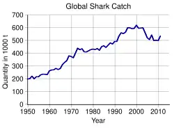 Graph of shark catch from 1950, linear growth from less than 200,000 tons per year in 1950 to about 500,000 in 2011