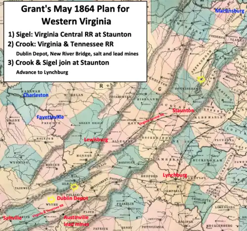 A county map of western Virginia showing the Union targets along the Virginia & Tennessee Railroad (salt mines, lead mines, Dublin Depot) and the Virginia Central Railroad