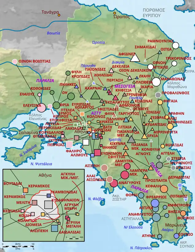 Map of municipalities (demoi) of Ancient Athens in ancient Attica