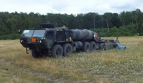 HEMTT M978A4 9,500-liter (2,500 U.S. gal) capacity fuel tanker with M989 HEMAT trailer