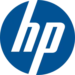 A dark blue circle with the stylized italic letters "hp" on it