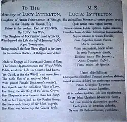 St John the Baptist Church, Hagley, memorial inscription to Lucy Lyttelton (née Fortescue, died 1747)