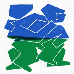 The cover art to "Halfway". It features two slightly textured, blue and green figures who together form a singular shape.