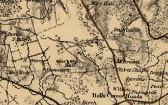 Hall's Hill and surrounding area in 1865. Mary Hall's estate is located to the northeast. Ball's Crossroads, today known as Ballston, is to the southeast