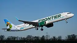 Logotype of the words Frontier Airlines with a stylized F