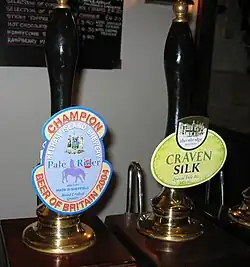Hand pumps for beer, with clips for Kelham Island Brewery and Thornbridge Brewery