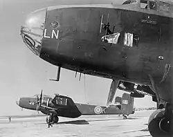 Handley Page Halifax bombers at the neighboring airbase RAF Aqir, used as transport aircraft after WWII in 1946