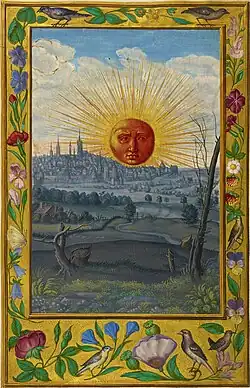 Fifth Treatise: red Sun, bearing a human face, rises over a shaded city and rural landscape. The foreground is dominated by felled trees. The borders are decorated with birds and flowers.