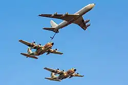 A Boeing 707 Re'em refueling a C-130H Hercules Karnaf of Squadrons 120 and 131 in June 2016