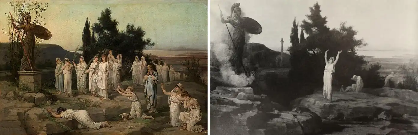 Two versions of Minerve Poliade sur l'Acropole d'Athènes: left, the first version (private collection), and right, the second and final version shown at the Paris Salon of 1878, now at the Musée Boucher-de-Perthes&nbsp;[fr], Abbeville