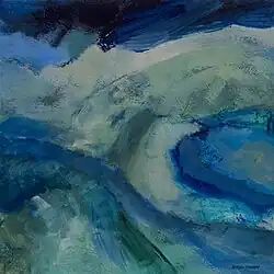 An abstract painting of several bands of blue