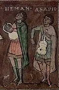 1050 A.D., Germany. Heman playing rotte and Asap playing rabel. Heidelberg Psalter.