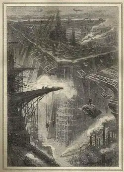 Henri Lanos illustrates Un monde sur le monde, a dystopian novel co-written with Jules Perrin&nbsp;[fr] and serialized in Nos loisirs&nbsp;[fr] magazine (1910-1911).