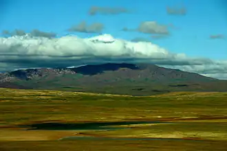 High altitude plateau with sparse vegetation and mountains in the background