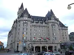 Exterior photo of south entrance of a hotel constructed in French gothic revival châteauesque architecture