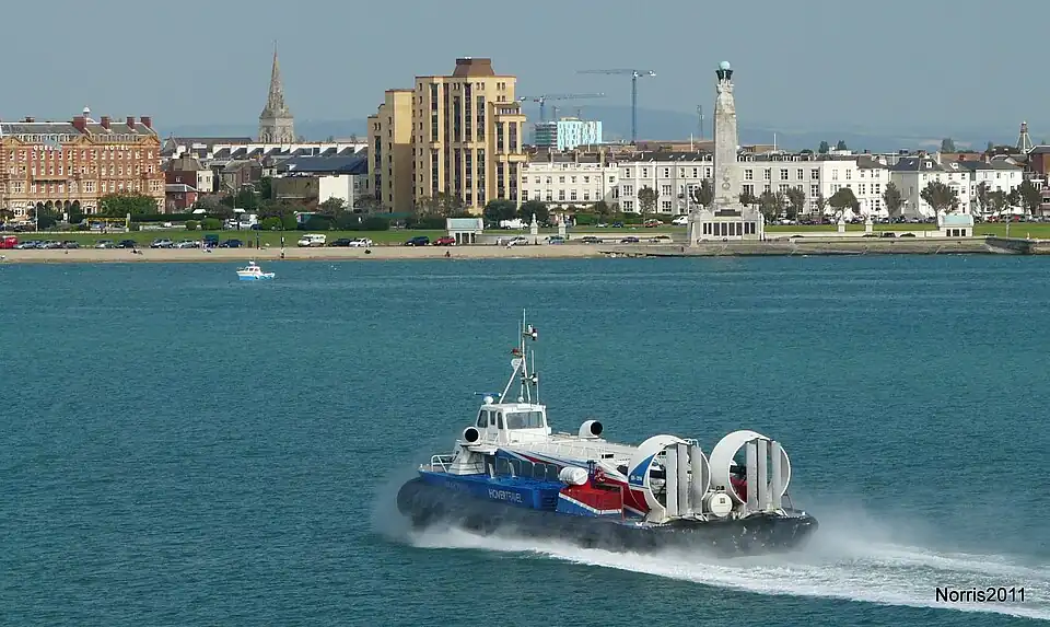 Image 30Hovercraft passing the mixed architecture, public gardens and shingle beach at Southsea, Portsmouth (from Portal:Hampshire/Selected pictures)