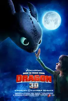 In a night sky, Hiccup puts his hand over a dragon called Toothless
