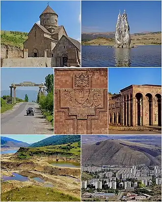 From top left: Makravank Monastery • Tsovinar monument on Aghbyurak Reservoir • Entrance monument Palace of Culture • Music school Marmarik Reservoir • Hrazdan skyline