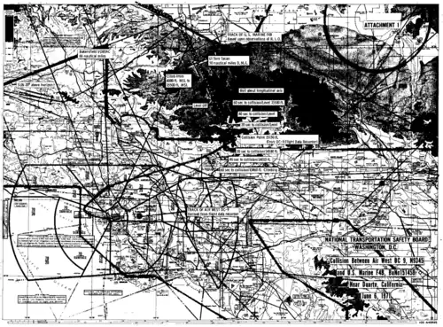 Collision chart indicating the flight paths of each aircraft superimposed over a topographical map of the area.