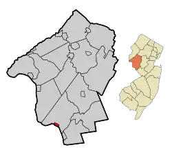 Location of Stockton in Hunterdon County highlighted in red (left). Inset map: Location of Hunterdon County in New Jersey highlighted in orange (right).