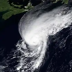 A photograph of a hurricane over the northwestern Atlantic Ocean, south of Atlantic Canada