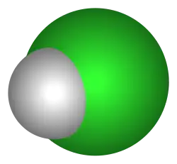 Space-filling model of hydrogen chloride with atom symbols