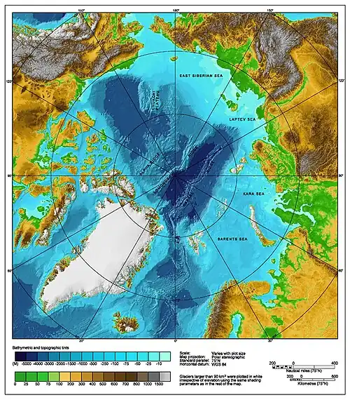 Image 46A bathymetric/topographic map of the Arctic Ocean and the surrounding lands. (from Arctic Ocean)