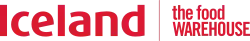 Red text only on a white background, with Iceland to the left and the food warehouse in smaller characters to the right