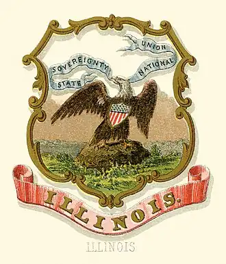 Image 49The coat of arms of Illinois as illustrated in the 1876 book State Arms of the Union by Louis Prang. Image credit: Henry Mitchell (illustrator), Louis Prang & Co. (lithographer and publisher), Godot13 (restoration) (from Portal:Illinois/Selected picture)