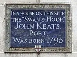 Corporation of London plaque on the site of John Keats' birthplace