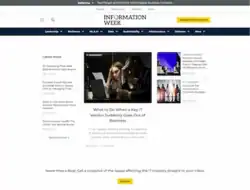 Screenshot of InformationWeek website showing latest news on the left side, headline story on the middle, and additional stories on the right side, with ad banner for email list subscription on the bottom