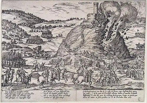 A castle stands at the top of a steep hill, and its walls are being blown away in explosion and fire. The fortress is surrounded by mounted and foot soldiers and several units of mounted soldiers are racing up the hill toward the castle on its peak. Frans Hogenberg, a Dutch engraver, and artist of the 16th century, was living in the Electorate of Cologne during the war, and engraved this picture of the destruction of the Godesburg (fortress).