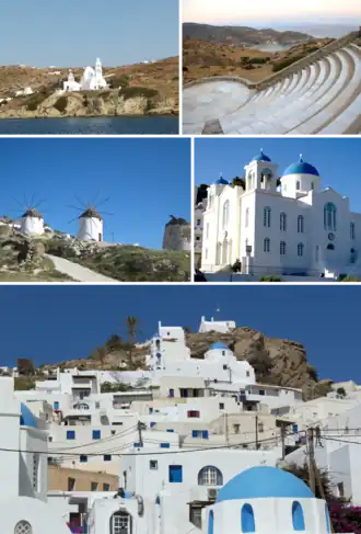 Clockwise from top: Church of Saint Irene, Odysseas Elytis Theatre, Cathedral Church Of Ios, Chora Hill, Windmills in Chora