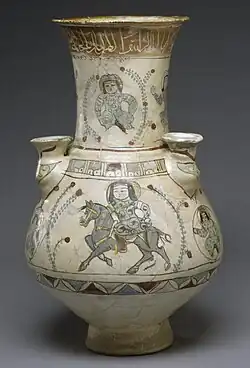 Jug with figures, combining lustre painting (top) and mina'i; 22.5 × 12.8&nbsp;cm (8.8 × 5 in)