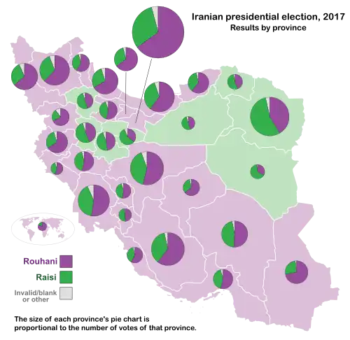 Iranian presidential election, 2017 by province. The size of each pie chart is proportional to the total votes of each province.