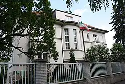 Residential Embassy of the Islamic Republic of Iran in Prague with the national flag.