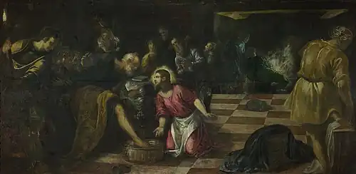 Tintoretto's painting shows background figures painted with the prestezza technique.
